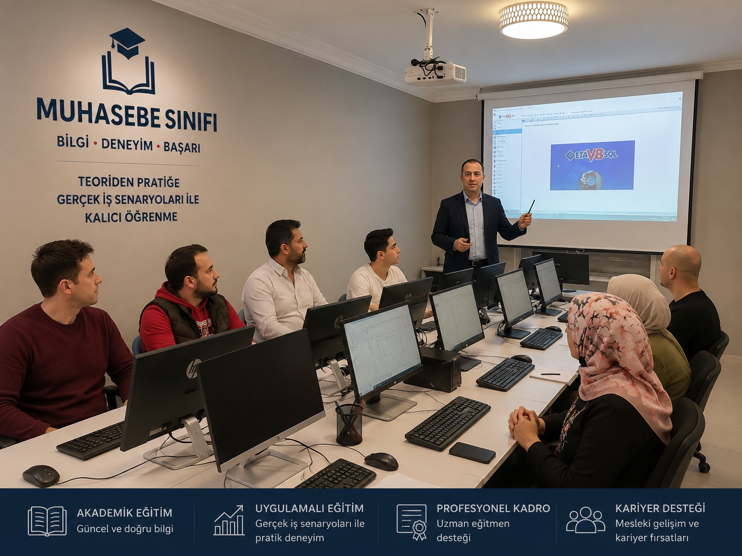 Kursiyer grubu ETA V8 SQL programının açılış ekranını izliyor
