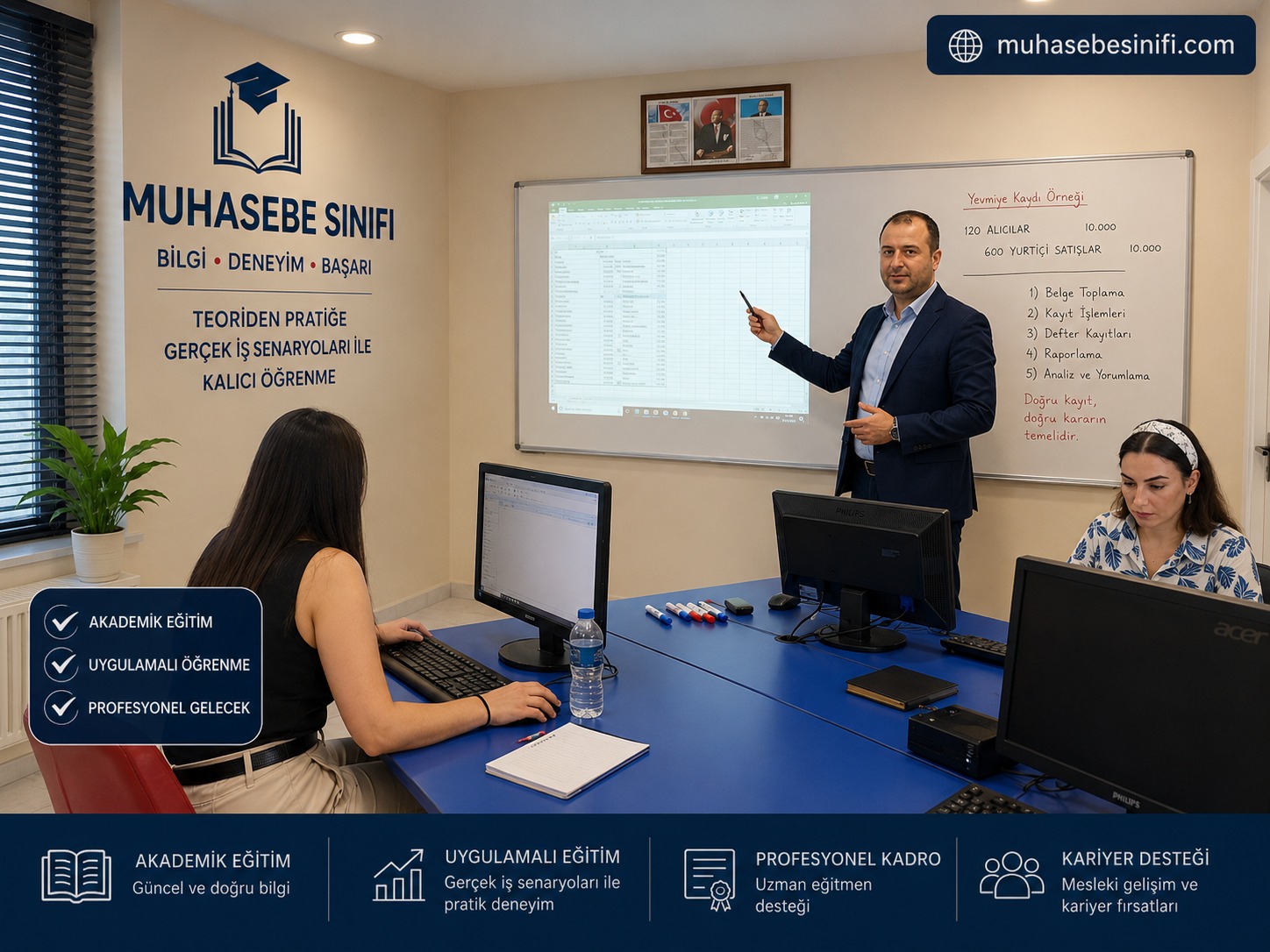 Projeksiyonda tablo halinde muhasebe kayıt listesi, kursiyerler bilgisayarlarında çalışıyor