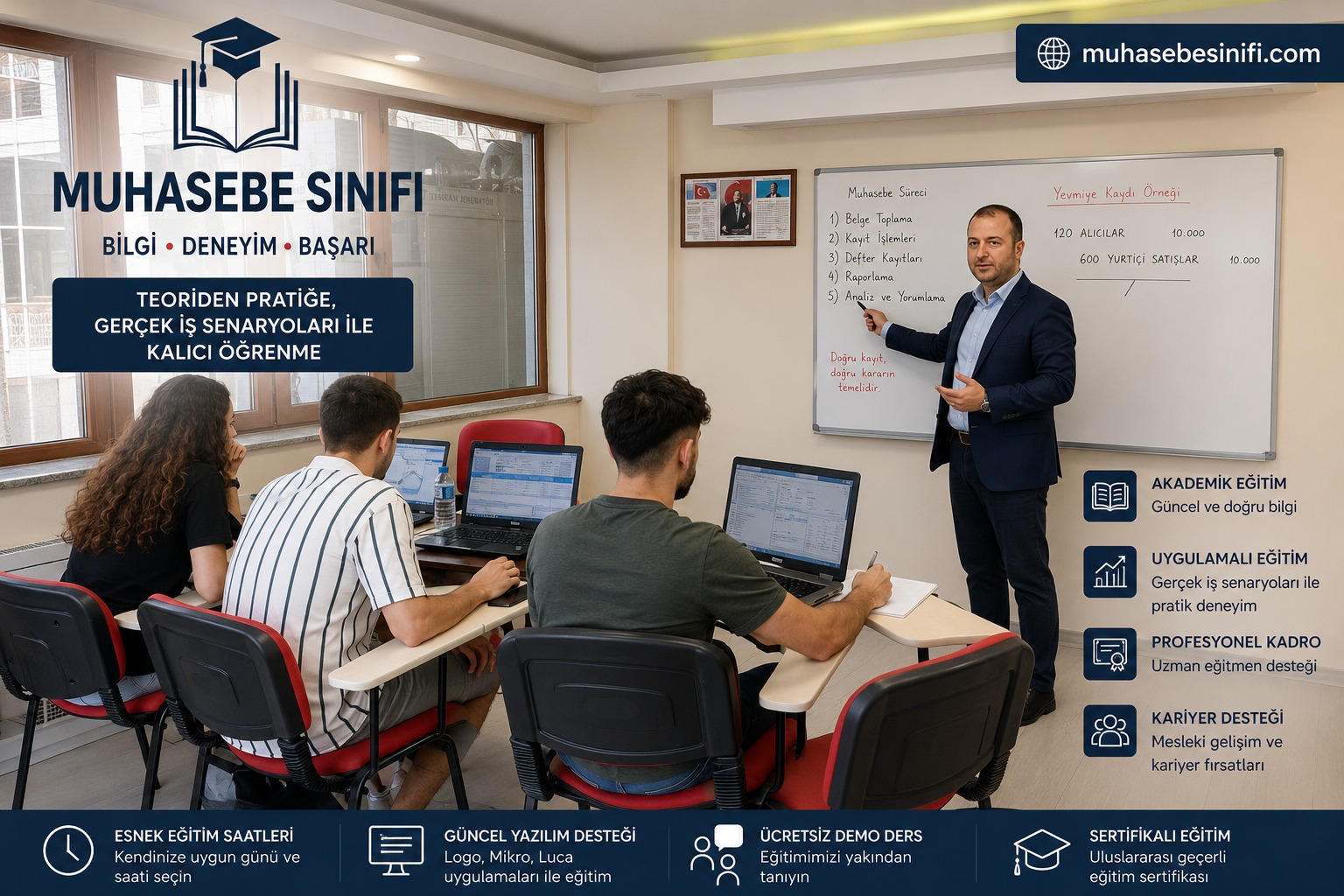 Eğitmen tahtada muhasebe sürecinin adımlarını ve yevmiye kaydı örneğini anlatırken, kursiyerler laptoplarında uyguluyor
