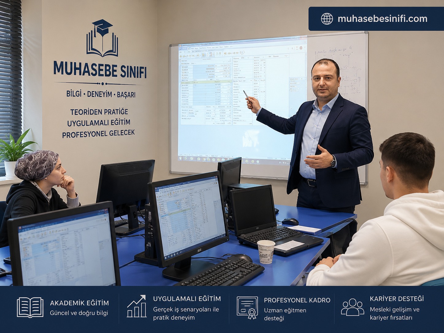 Eğitmen projeksiyondaki muhasebe programı ekranını anlatırken kursiyerler kendi bilgisayarlarında takip ediyor
