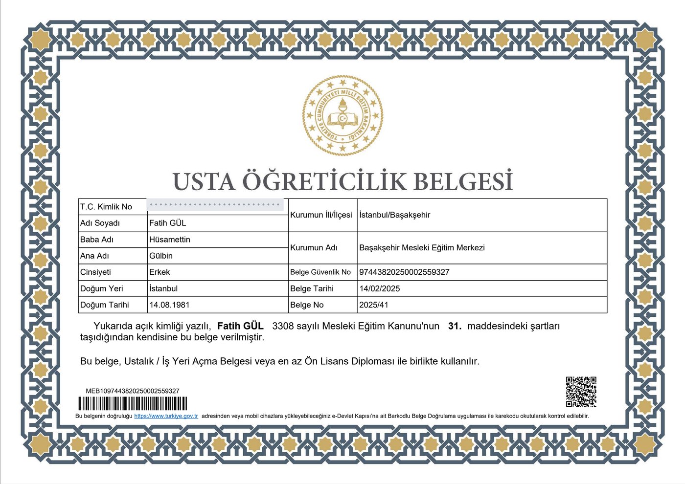 Öğr. Gör. Fatih Gül — M.E.B. onaylı Usta Öğreticilik Belgesi